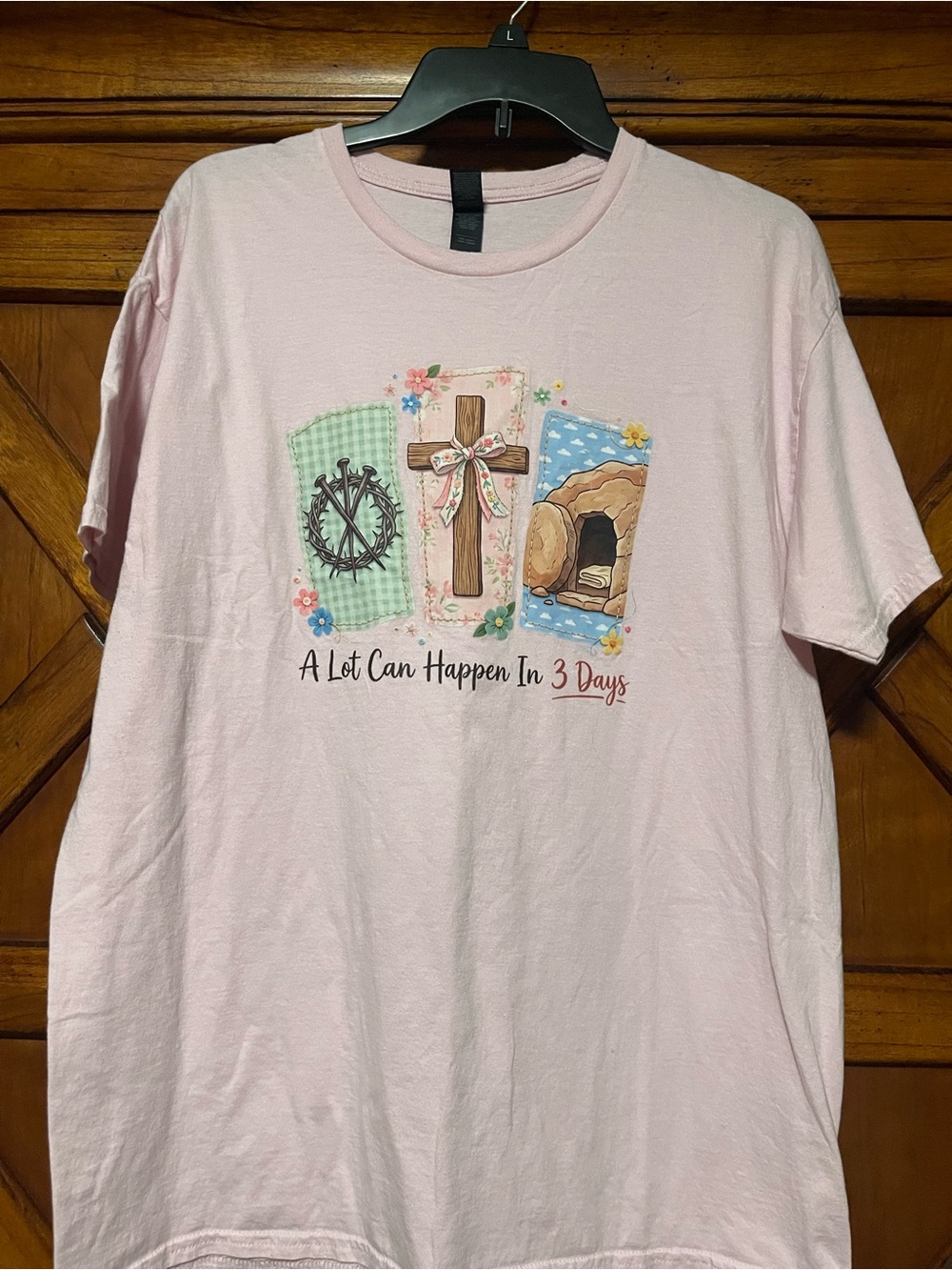 Gildan Light Pink Short Sleeve Tee with Easter Cross & Tomb Graphic